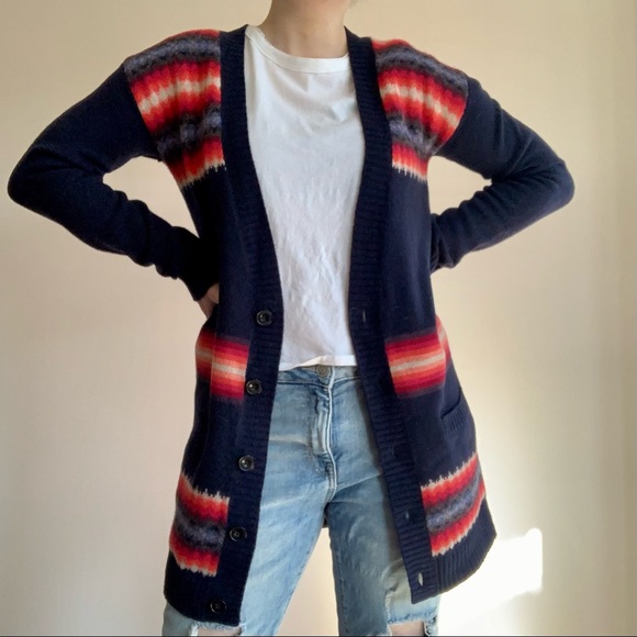 Gap Navy Blue & Red Lambs Wool Fair Isle Cardigan Sweater - Picture 3 of 11